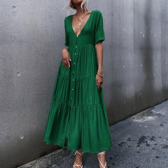 BOHO BABE GREEN V-neck Ruffle Hem Maxi Dress - Picture 6 of 8